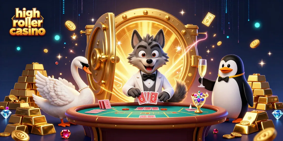 Experience high roller casino excitement with a debonair wolf, elegant swan, and sophisticated penguin amid treasures.