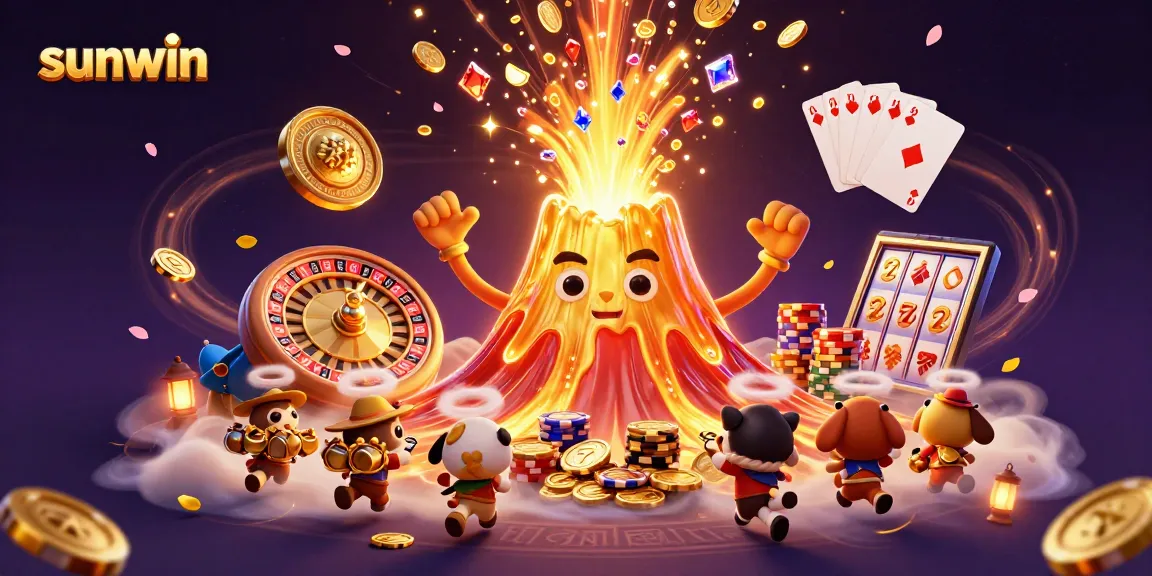 Experience the thrill of sunwin with a golden volcano erupting treasures in this stunning casino scene.