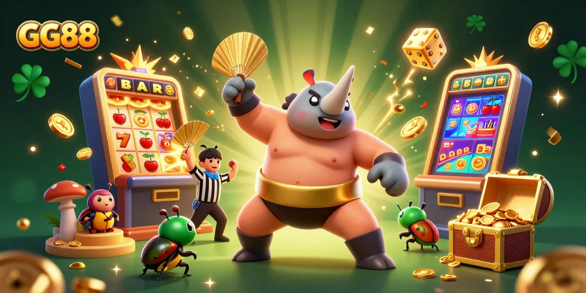 Experience the excitement of GG88 with a dynamic scene featuring a sumo beetle, slot machines, and festive elements.