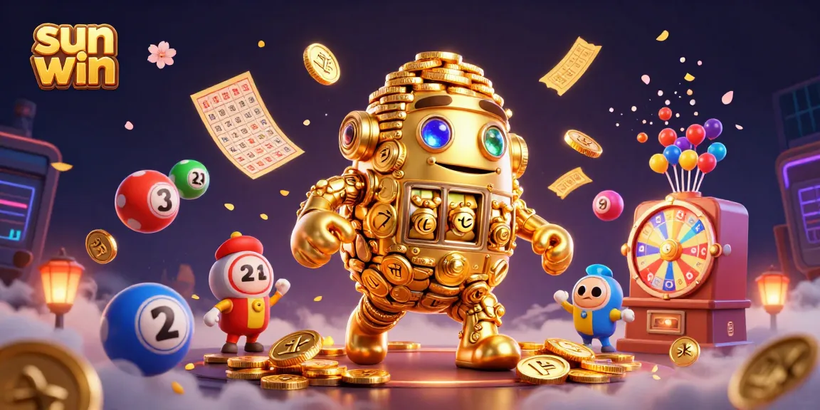 Experience the thrill of winning with sun win's vibrant lottery scene featuring golden golems and colorful elements.